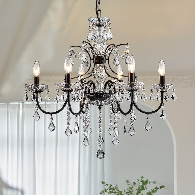 Bestier Black Finish Elegent Crystal Candle Candelabra Chandelier 6 Light Lighting Fixture LED Pendant Ceiling Light Dia 26 in x H 26 in - Image 1